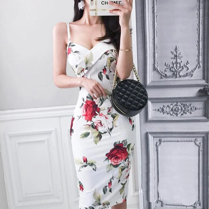 

2019 Spring And Summer Korean-style-Printed Camisole Sexy Sheath Dress Backless Slit Slimming Base Skirt