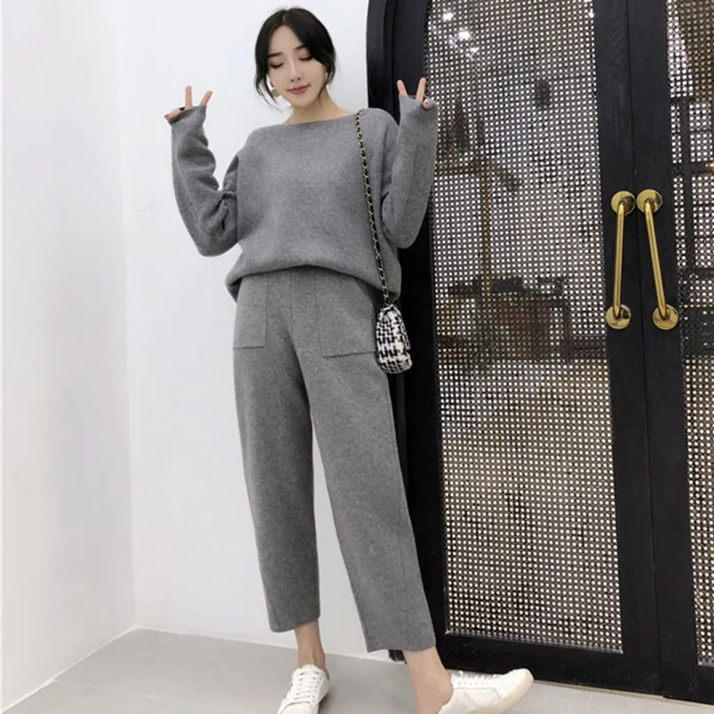 Autumn Winter Knitted Sweatshirts Tracksuit Women Cashmere Clothing 2 Piece Set Thick Warm O-neck Sweater+Ankle-Length Pant Suit - Цвет: Серый