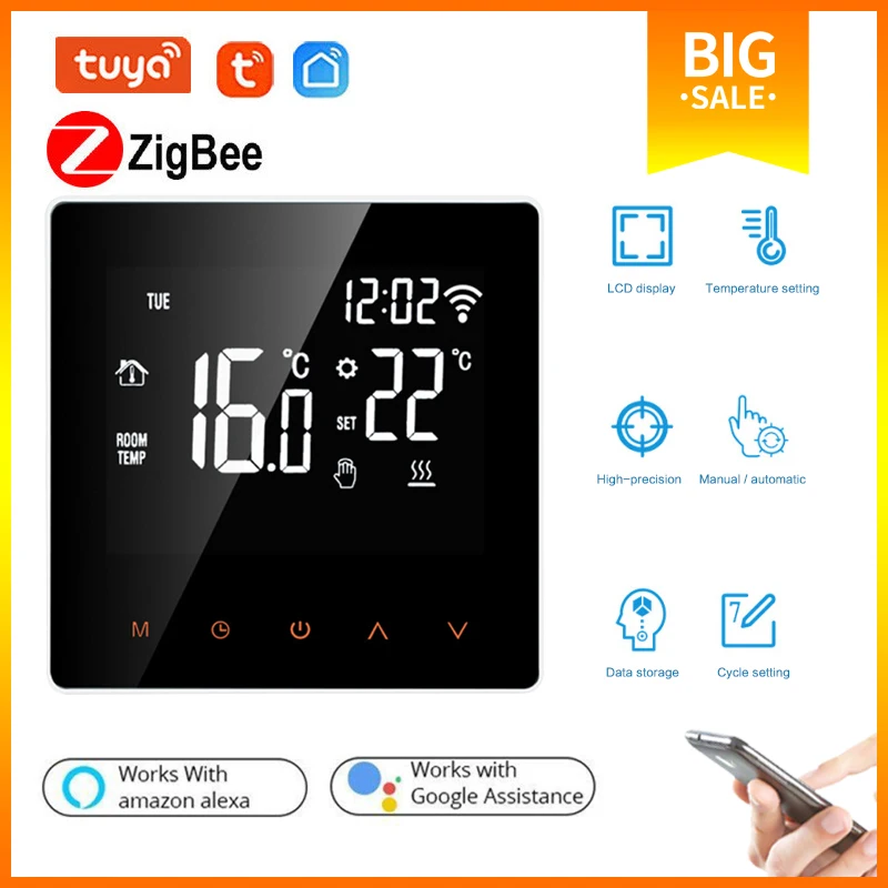 Умный термостат для теплого пола Tuya ZigBee с сенсорным ЖК-дисплеем и дистанционным