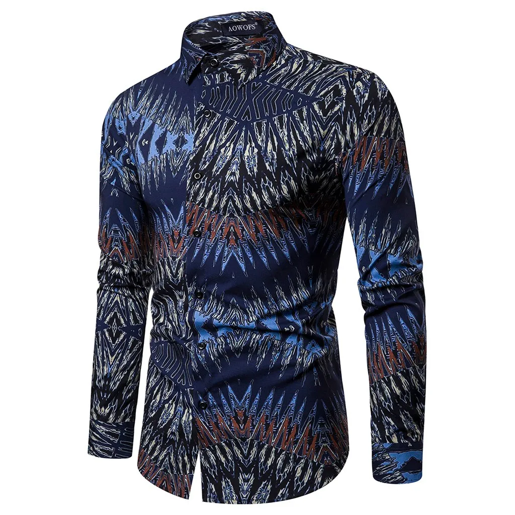 Feather Men Shirt Ethnic Style Retro Vintage Printed Shirts Slim Long Sleeves Camisas Hombre Blouse Cotton Polyester Streetwear