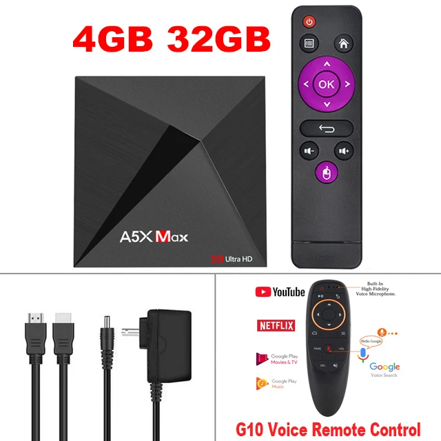 4G32G-G10 Voice RC Smart Android 9,0 tv Box A5X MAX 4G+ 32G RK3318 четырехъядерный поддержка 4K HDR 3,0 USB 2,4G Wifi Bluetooth 4,1 телеприставка медиаплеер - Цвет: 4G32G-G10 Voice RC