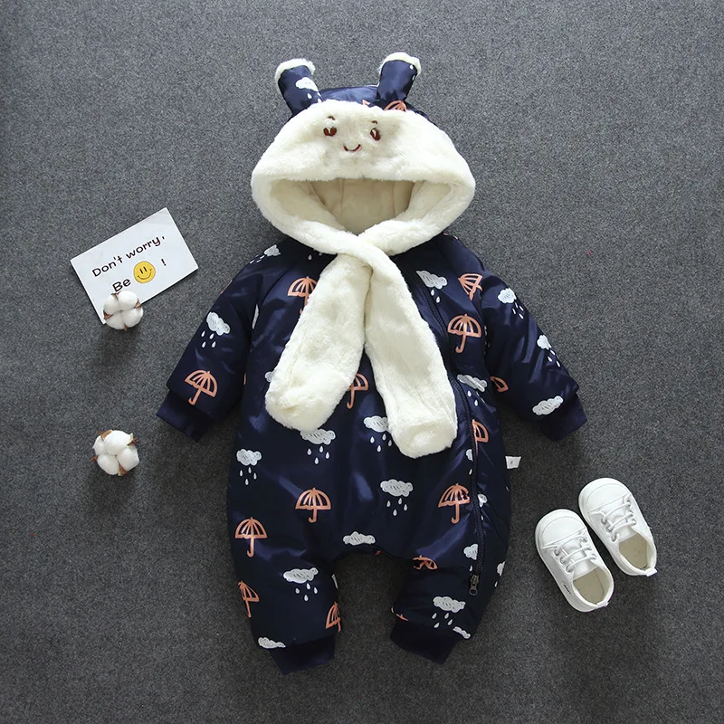 dark blue Зимнее теплое пальто для малышей от 0 до 3 лет зимняя одежда с капюшоном и рисунком для новорожденных, комбинезоны комбинезон для маленьких девочек, зимний комбинезон, одежда - Цвет: dark blue