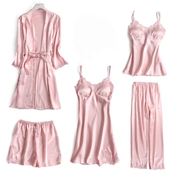 

Pink Womens 5PC Strap Top Pants Suit Pajamas Sleepwear Sets Spring Autumn Home Wear Nightwear Kimono Robe Bath Gown