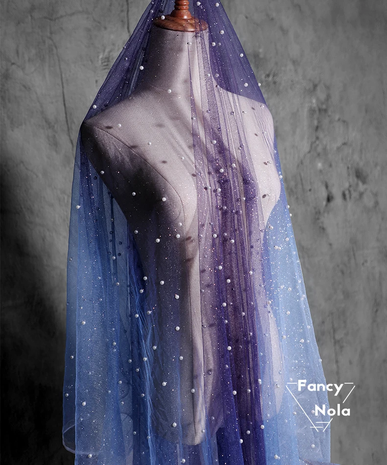 Fantasy Gradient Starry Blue Purple Gauze Dusting Perspectival Nail Beaded Tulle dress gown DIY designer fabric FG006