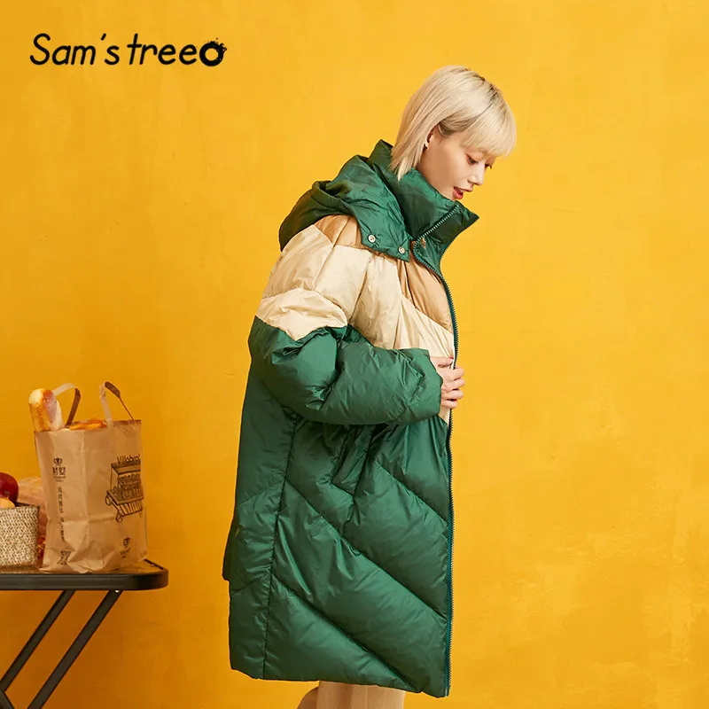 SAM'S TREE Green лоскутное теплое пуховое пальто с капюшоном для женщин Зима Новая модная повседневная Офисная Женская одежда оверсайз