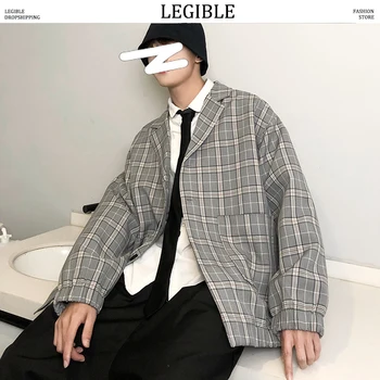 

Legible 2020 Spring Korean Men's Blazers England Style Young Fashion Single Breasted Plaid Blazer Men Oversize Casual Suit