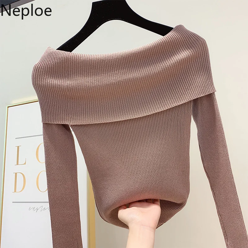 Neploe, сексуальный, с вырезом лодочкой, без бретелек, на плечах, короткий, вязанный, для женщин, Hiver, милый, с длинным рукавом, нижний пуловер, свитер для женщин, осень 46499