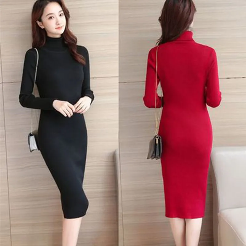 

Women's Sweater Dress Elegant Autumn Winter Sexy Slim Bodycon Dresses Turtleneck Solid Color Thick Warm Knit Pullover Vestido