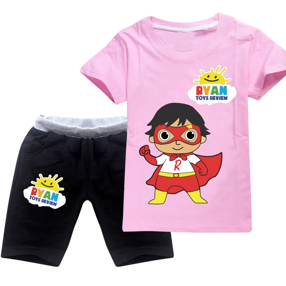 T902pink-set Ryan Toys/футболка с короткими рукавами с героями мультфильмов для мальчиков и девочек, топы для подростков, спортивный костюм для малышей Детские хлопковые рубашки+ штаны - Цвет: T902pink-set
