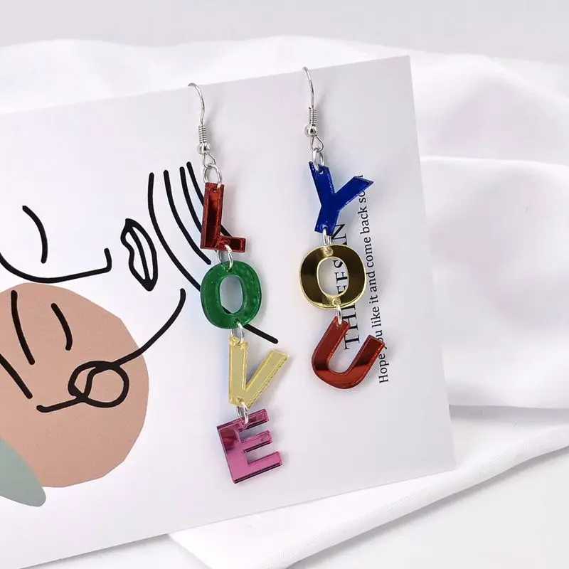 

New Arrival Long Tassel Colorful English Letters MISS YOU LOVE YOU Acrylic Drop Earrings Fashion Mirror Surface Dangle Earrings