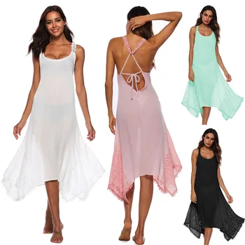 

4 styles Summer Casual women's External model suspender open back cross tie irregular lace splicing long dress Fashion dress