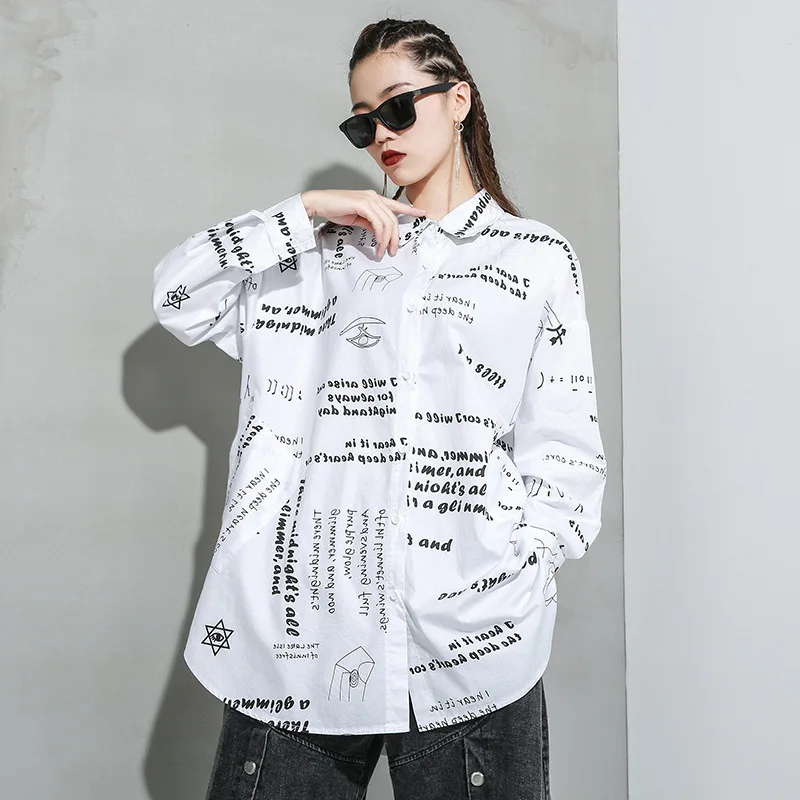 

Irregular Button Blouse And Tops Female Letter Printing 2020 High Street Long Cardigan Long Sleeve Printing Shirt For Women
