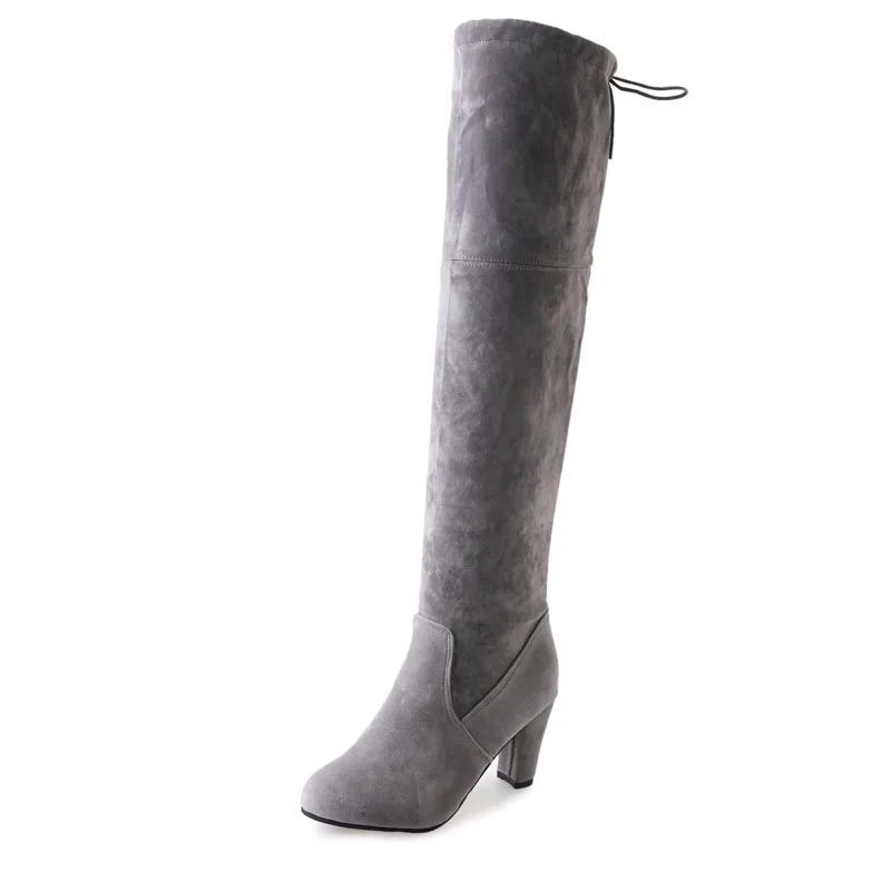 Grey Winter Shoes Woman Fashion Over The Knee Sexy High Heels Slim Winter Boots Women Shoes Flock Snow Boots - Цвет: Grey