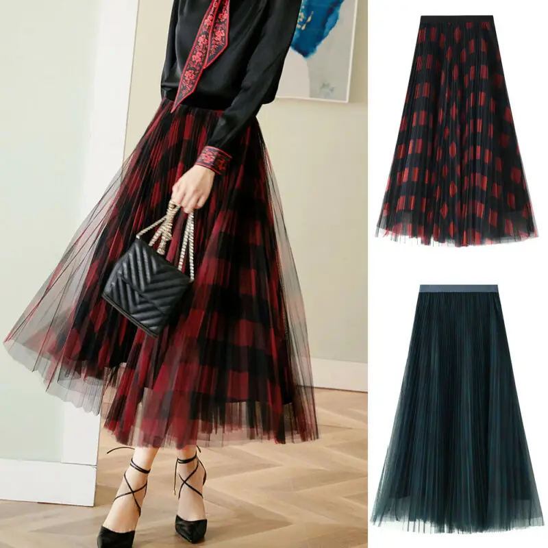 

Female Pleated Skirt Womens Summer able Plaid Maxi Skirt High Waisted Beach Wear
