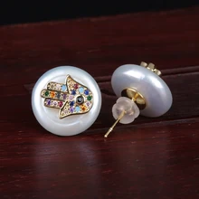 Радуга cz pave Крошечные золотые Хамса рука Злой Глаз удача защита Шарм натуральный пресноводный жемчуг бисера очаровательные гвоздики для женщин