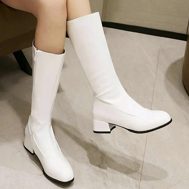 

2021 Women Mid Calf Boots Patent PU Leather Comfortable Square Heel Round Toe Women's Boots Fall Winter Side Zipper Short Boots