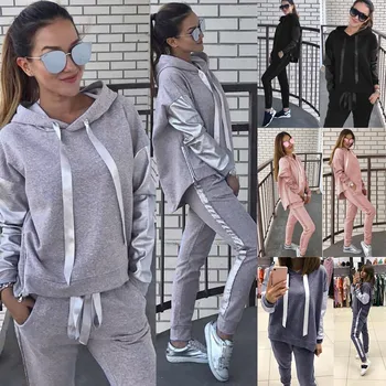 

2Pcs/Set Women Solid Color Hooded Sweatshirt And Pant Tracksuit Sport Suit Autumn and Winter Women's Loose Hooded Sweater Suits