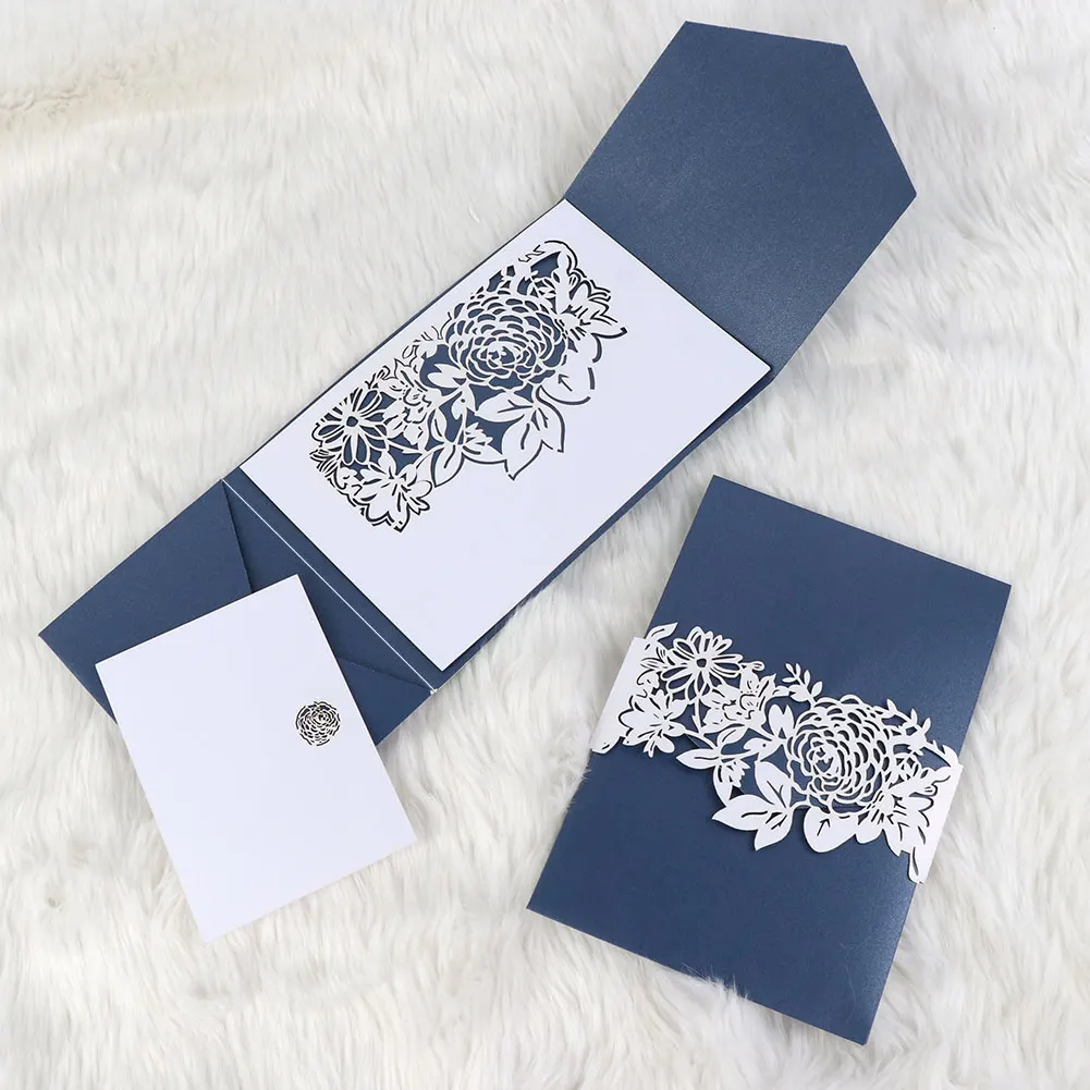 OurWarm 10 шт с цветами лазерной резки свадебные приглашения с конвертами карман приглашает темно-синий три-складные поздравительные открытки