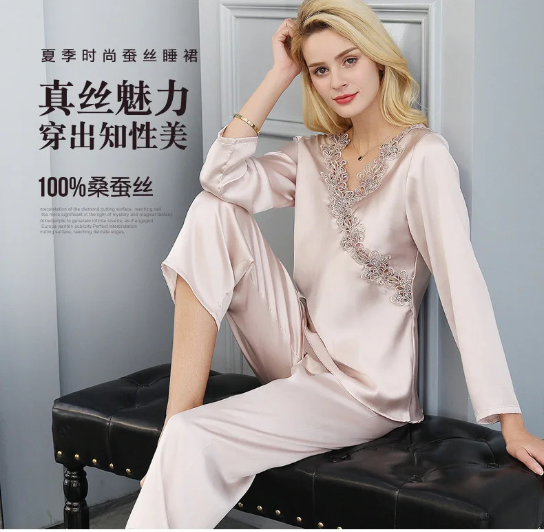 Natural Pure Silk Pajamas for Women Embroidery Long Sleeve 2 PCS Pyjamas Set 100% Mulberry Silk PIjamas Summer Sleepwear XL XXL plus size pajama sets