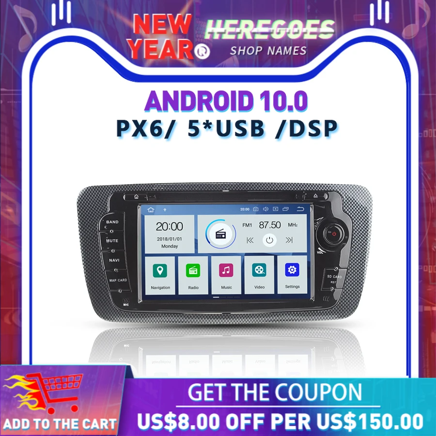 PX6 Android 10 DSP 4GB RAM + 64GB ROM RDS Radio Bluetooth 5.0 Map Wifi Car DVD Player GPS For Seat Ibiza 2009 - 2013 2014 | Автомобили и