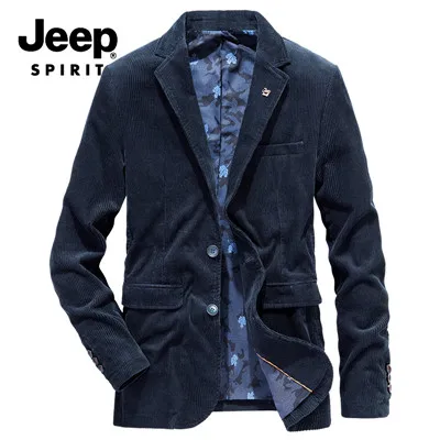 JEEP SPIRIT бренд осень мужской бейзер пиджак повседневное кордовое пальто для мужчин отложной воротник две пуговицы плюс размер M-4XL приталенный Блейзер - Цвет: Синий