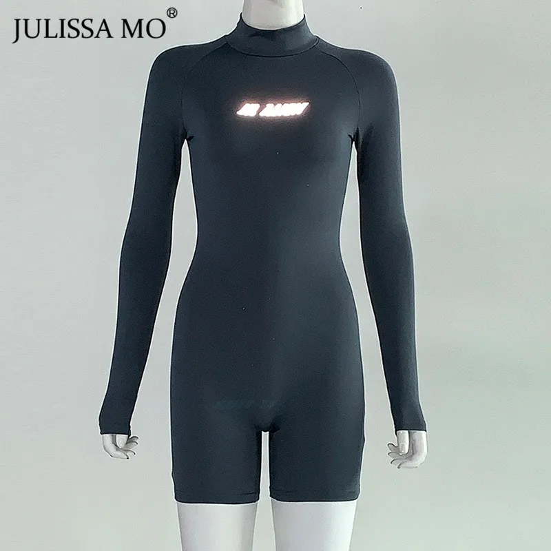 JULISSA MO светоотражающий костюм с принтом букв женское осеннее платье-водолазка с длинными рукавами Облегающий комбинезон женский эластичный обтягивающий короткий комбинезон
