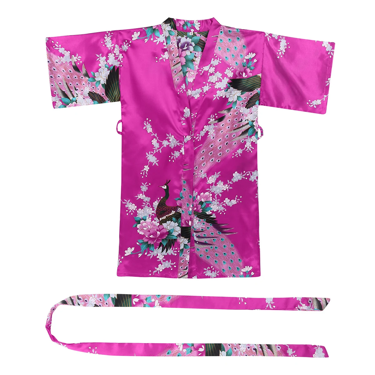Girls Satin Kimono Robe Kids Sleepwear Peacock Flower Printed Children Bathrobe Nightgown Robe For Spa Party Wedding Birthday