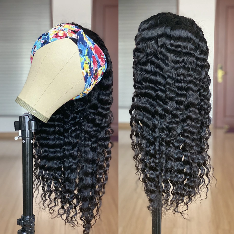 Aliballad Deep Wave Headband Wig Human Hair Glueless Machine Wigs Brazilian Remy For Women 12 to 36 Inch | Шиньоны и парики