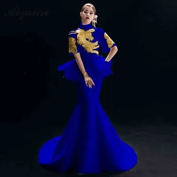 

Royal Blue Embroidery Dragon Cheongsam Modern Stage Show Qi Pao Women Chinese Traditional Evening Party Dresses Host Gown