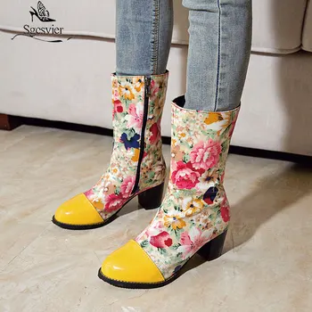

Sgesvier Fashion Patent Print Block High Heels Mid Calf Woman Shoes Black Yellow Red Autumn Winter Mid Long Knight Boots Female