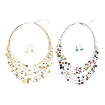 

2 Set Gorgeous Beaded Multi Strand Necklace and Drop/Dangle Earring Set-Yellow & Multicolor