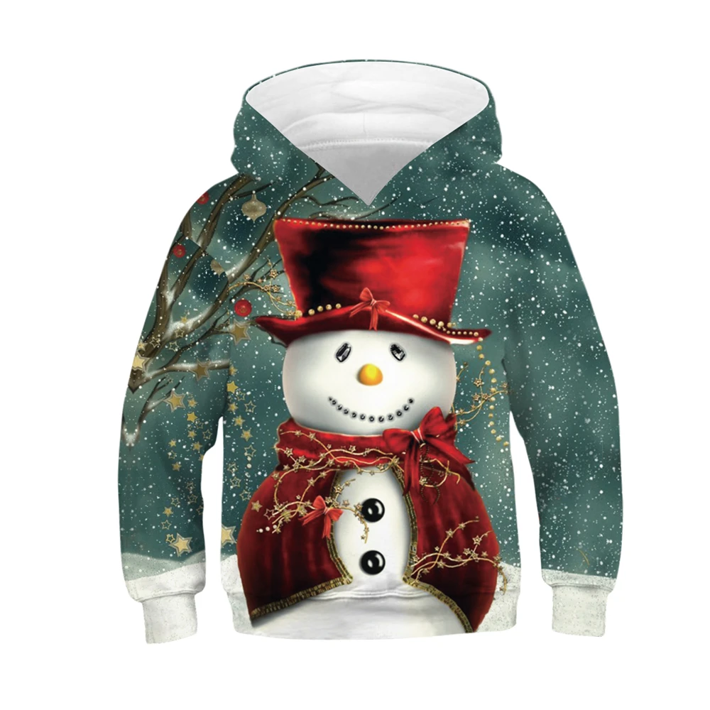 Осенне-зимние детские толстовки с капюшоном детские свитера с 3D принтом снеговика топы для детей, пуловер для подростков свитер с капюшоном для мальчиков и девочек 5-14 лет
