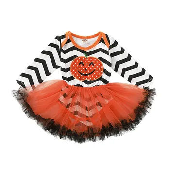 

2Pcs Baby Girl Pumpkin Romper Dress Autumn Spring Long Sleeve Tops Tutu Halloween Striped Costume Outfits Baby Girl Tulle Romper