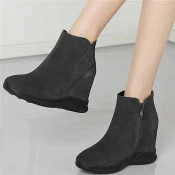 

Fashion Sneakers Women Genuine Leather Hidden Wedges High Heel Ankle Boots Female Round Toe Platform Pumps Shoes Casual Shoes