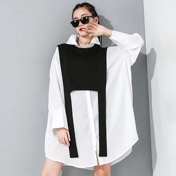 

QING MO Black White Women Irregular Blouse 2020 Spring Women Casual Solid Blouse Female Fake Two Pieces Set ZQY2562
