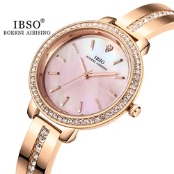 IBSO New Luxury Women Watch Full Round Rhinestone Elegant Quartz WristWatches Rose Gold Stainless Steel Mesh Japanese Movement