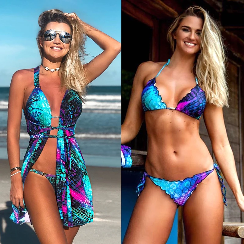 

3Pcs Bikini Set Swimsuit Gradient Fish Scale Mermaid Print Cover Ups Sexy Push Up Thong Caridigan Swimwear Cover Up Bathingsuit