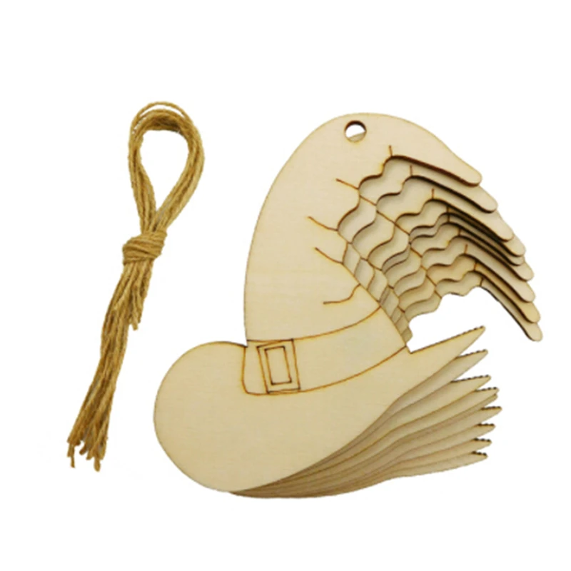 10 Pcs Halloween Ghost Festival Party With Hole Wood Witch Hat Decoration Ornaments DIY Crafts Halloween Scrapbooking