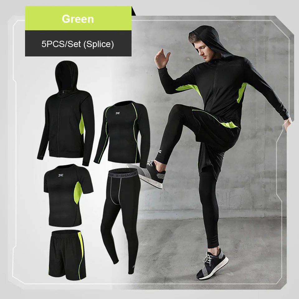 5 шт./компл. мужской спортивный костюм компрессионный комплект для фитнеса спортивный костюм Одежда для бега спортивная одежда упражнения тренировка колготки брюки - Цвет: Green
