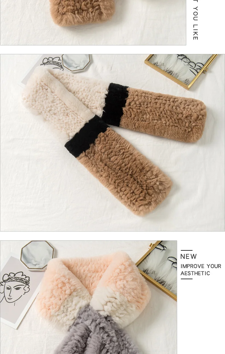 Lantafe Scarf Women Rabbit Fur Scarf Real Fur Stitching Color Protect Neck Keep Warm Winter Fashion Ladies Scarf