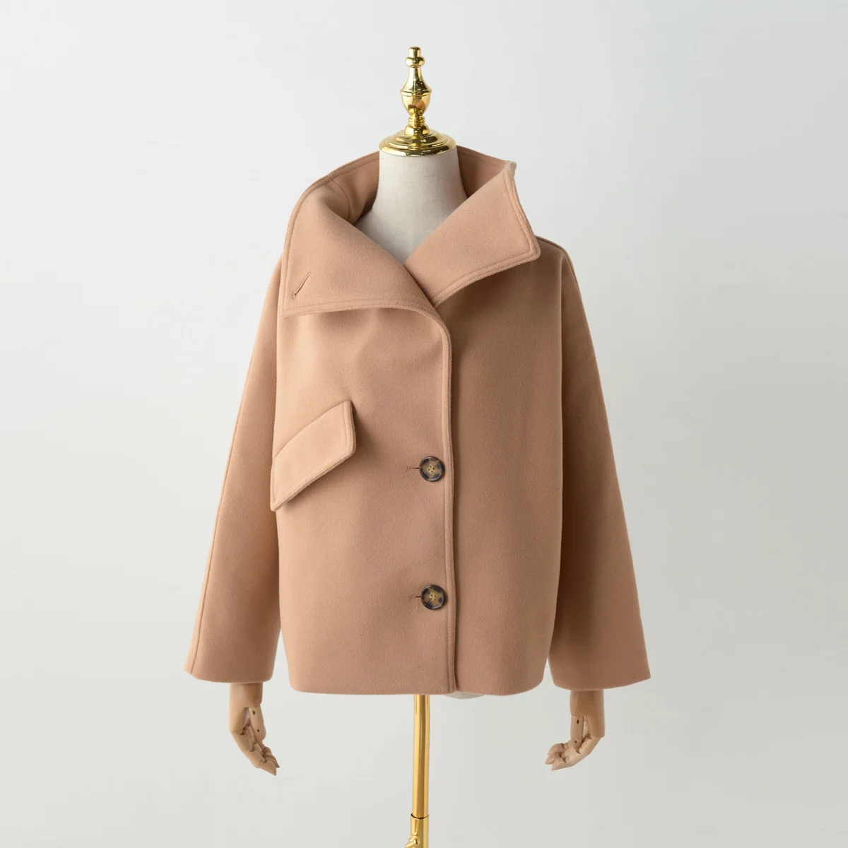 Short Khaki Зимнее женское Шерстяное Пальто, короткое пальто, длинное пальто с высоким воротником, женские пальто - Цвет: Short Khaki