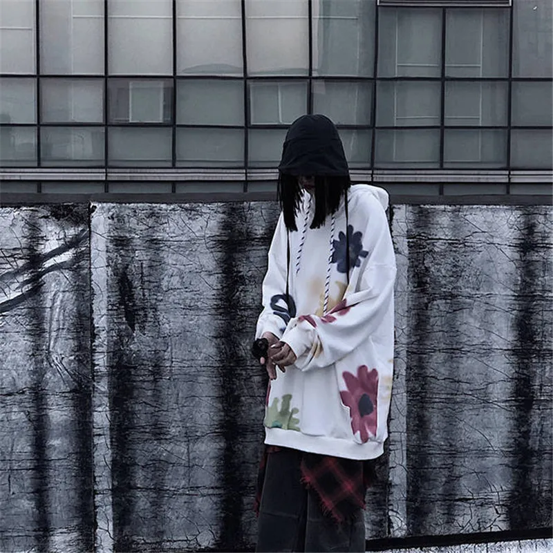 Модные Harajuku Японская Женская толстовка; осень Цветочный Принт толстовки пуловер с длинными рукавами Свободная Милая Толстовка Смешные Женщины
