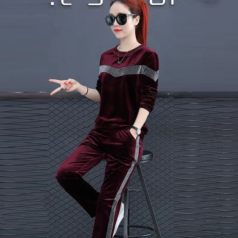 Ансамбль женский из 2 предметов, Pantalon Mom's casual, свободные бархатные спортивные костюмы для бега, Femme, весенне-осенние топы с круглым вырезом и штаны, комплекты 4XL - Цвет: wine red