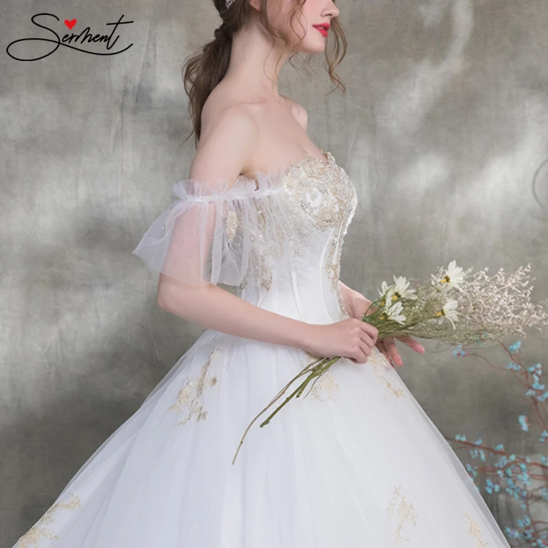 

SERMENT Luxury Wedding Dress 2019 Rhinestone Off The Shoulder Lace Up Cathedral Train Golden Pattern Free Custom Made Plus Size