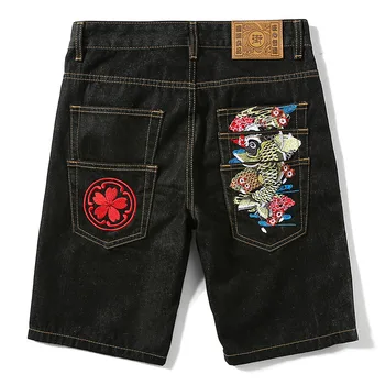 

Japanese style shorts men's quarter pants mid waist straight tube carp embroidery loose wash large thin jeans