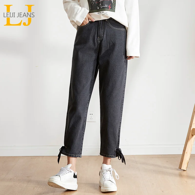 

LEIJIJEANS New large size women's non-elastic high waist loose jeans loose casual black gray big haren ladies washing jeans 9149