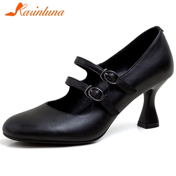 

KARINLUNA Office Ladies Elegant Shallow Dress Pumps High Heels Mary Janes Women Pumps Mature Genuine Leather Women Shoes