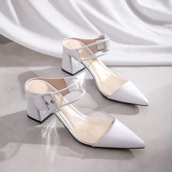 

kmeioo sheepskin shoes pointed toe pumps transparent mule sandals buckle mules women mule slides chunky heels