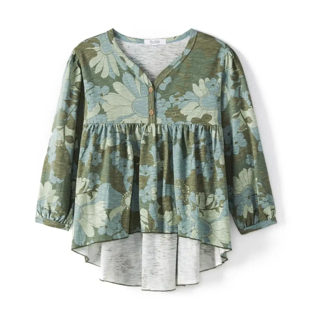 CupofSweet Denim Button-Neck Ruffled Hi-low Hem Girls Tops Tunic Children Autumn Long Sleeves Kid Shirt Casual Girl Top Blouses
