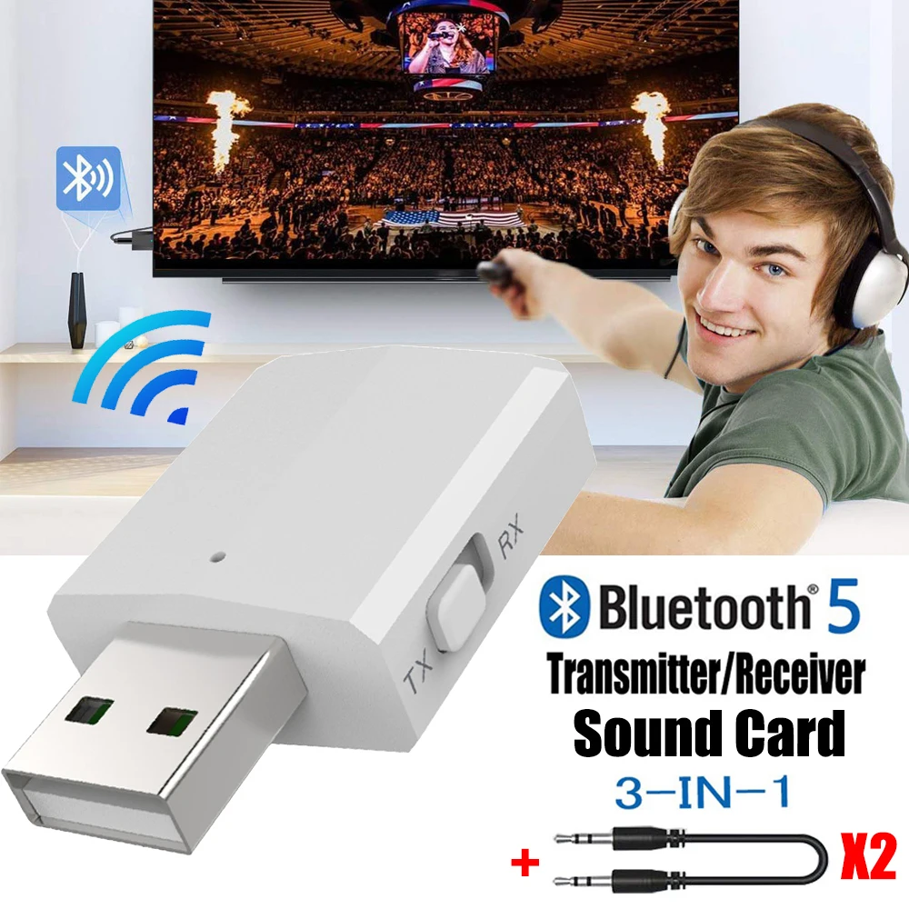 

USB Bluetooth 5.0 Transmitter Receiver EDR Adapter 3 in 1 Dongle 3.5mm AUX for TV PC Headphones Home Stereo Car HIFI Audio